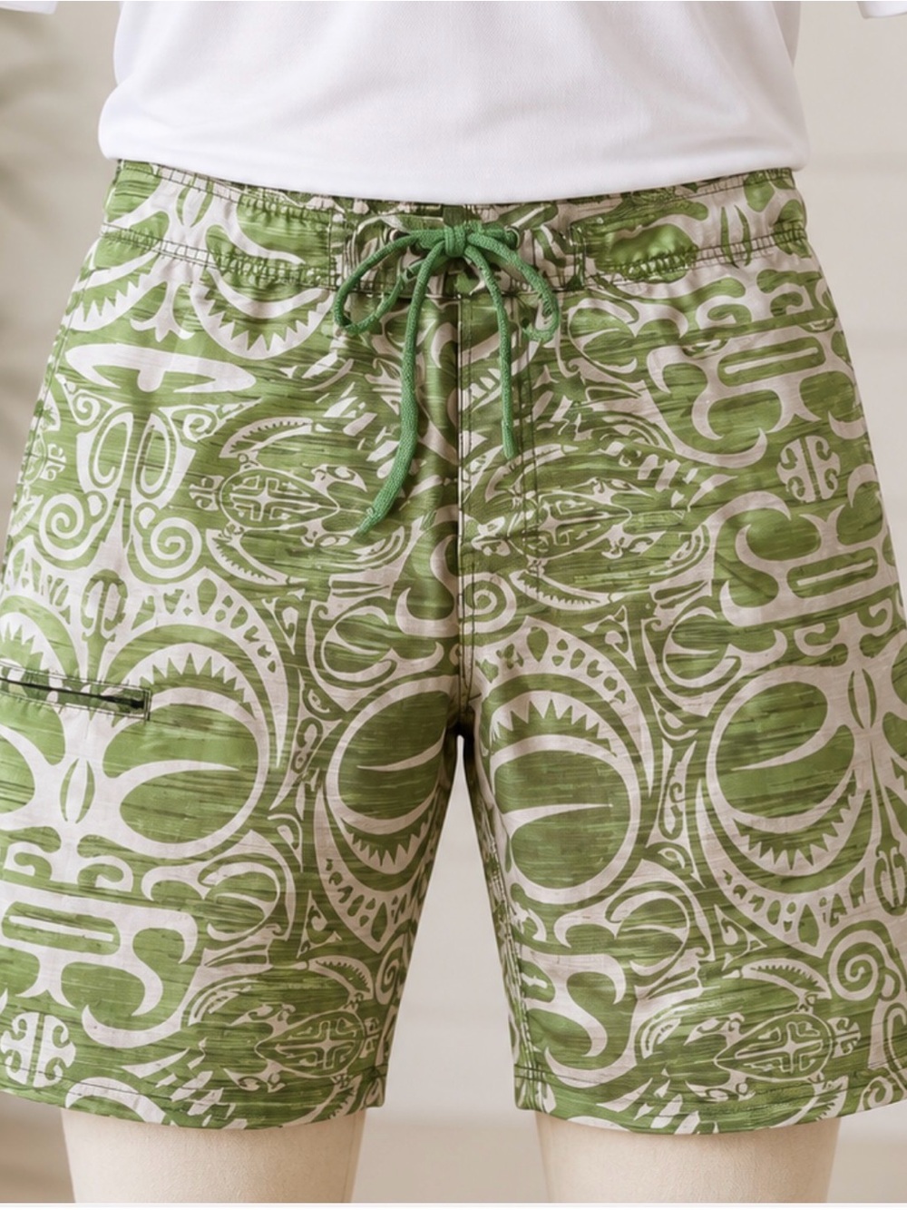 Vintage Hinano Tahiti Men’s Board Shorts Green Hawaiian Tribal Swim Trunks 34